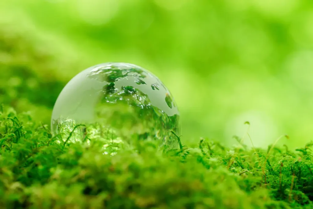 Sfera di vetro su muschio verde simbolo di sostenibilità ambientale e pulizia ecologica